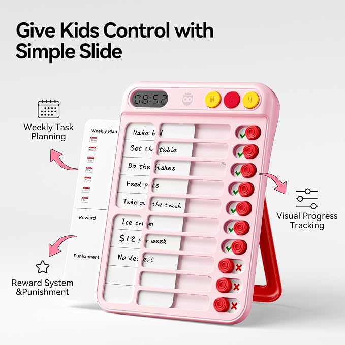 Magnetic Chore Chart for Kids with Time Timer, 99-Min Countdown/Up Visual Timer, Dry-Erase Reward Chart with Sliders, to Do List & Routine Checklist, Visual Schedule, Autism/ADHD Tools (Pink)