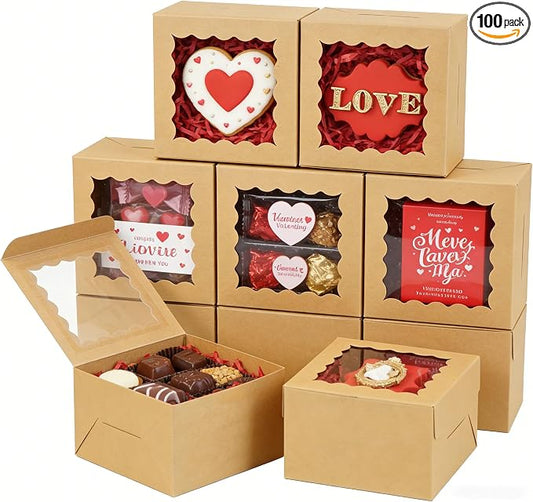XINHPKGG 100pcs Cookie Boxes 4x4x2.5 Inch Bakery Boxes with Window Treat Box Dessert Box for Wedding Favors Party - Brown
