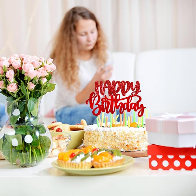 Gyufise 1Pcs Happy Birthday Cake Topper Glitter Cake Pick for Celebrating Anniversary Theme Party Cake Decorations Supplies Red
