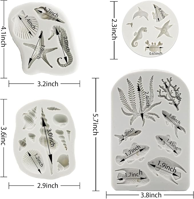 MEMOVAN Marine Theme Silicone Fondant Mold 4pcs Under the Sea Cake Mold Hippocampus Seaweed Sea Fish Crab Coral Conch Sea Shell Silicone Chocolate Mold for DIY Ocean Theme Cake Cookie Chocolate Candy
