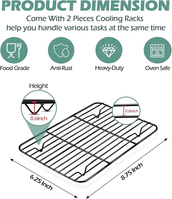 TeamFar Small Cooling Rack (Set of 2), 8.75’’ x 6.25’’ Coated Stainless Steel Wire Rack Baking Racks for Cooking Grilling Cooling, with Non-stick Coating, Healthy & Sturdy, Oven safe & Easy Clean