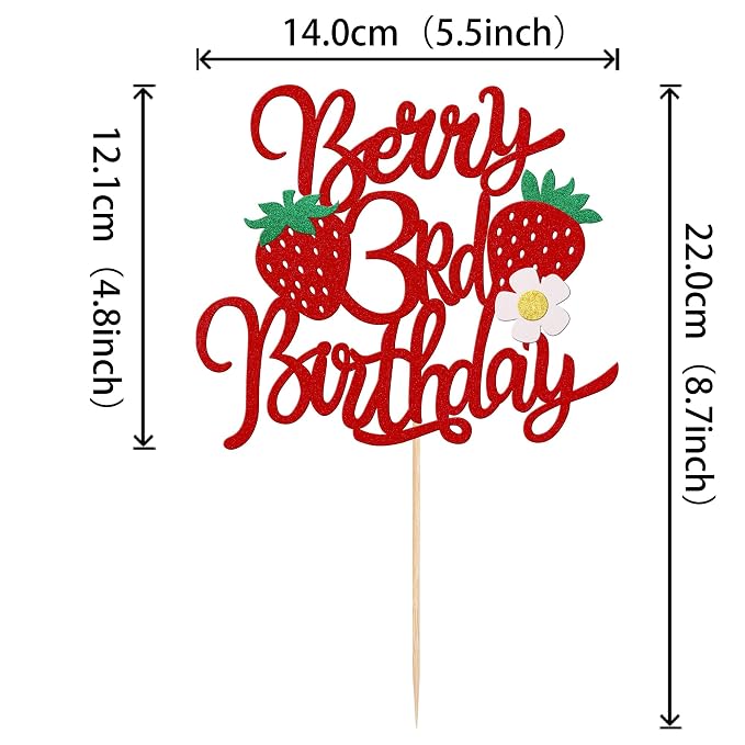 1 PCS Strawberry Berry 3rd Birthday Cake Topper Glitter Flower Sweet Fruit Theme Third Birthday Strawberry Cake Pick for Strawberry Theme Baby Shower 3rd Birthday Party Cake Decorations Supplies
