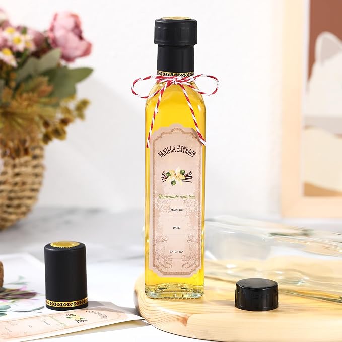 Tioncy 12 Pcs Vanilla Extract Bottles for Homemade Vanilla Jar Glass Square Bottle with Cap Shrink Band Sticker Syrup Food Storage Canister for Liquids Bean Sauce Spice Gift Giving(Black,8.5 oz)