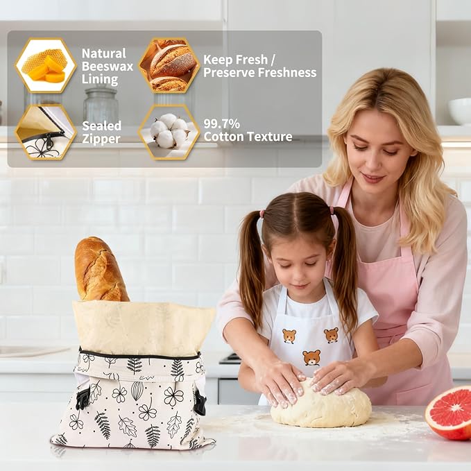 2Packs Cotton Beeswax Bread Bags with Zipper, Bread Bags for Homemade Bread,Organic Beeswax Linen Sourdough Bags,Reusable Bread Storage for Keep Fresh Freezer Safe 18 * 13in XL Large