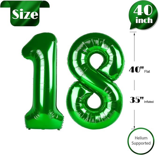 Dark Green Number 18 Balloon 40 Inch, 18th Birthday Party Decorations for Children, Giant 18 Foil Balloon for Party Supplies