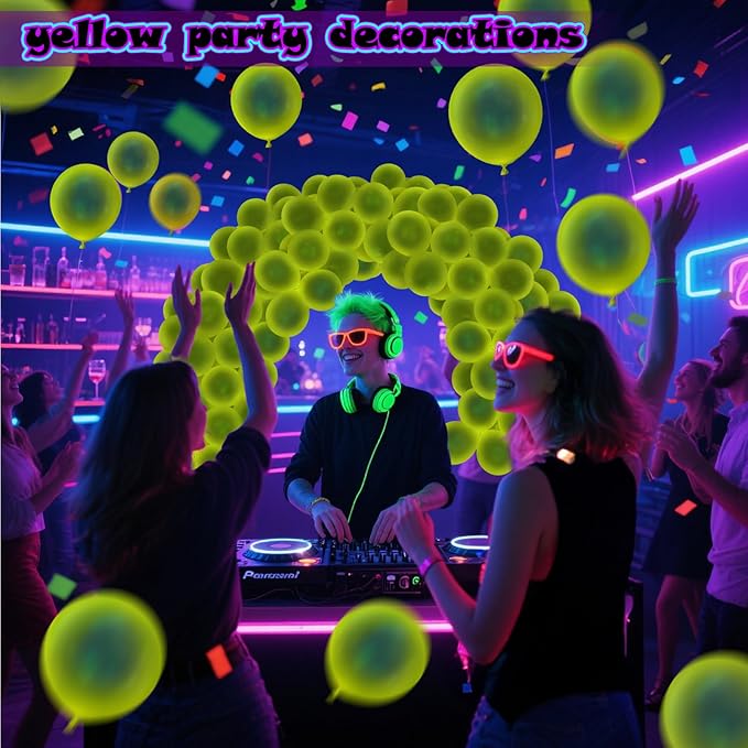 100 Pcs UV Neon Yellow Balloons 12 inch Neon Party Supplies, Balloons, Glow in the Dark for Birthday, Graduation, Baby Shower,Wedding, Anniversary Valentines Party Decorations