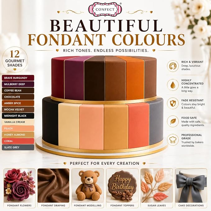 Confect Browns & Depth Gel Food Coloring Set – 12 Highly Pigmented Colors for Buttercream, Cakes, Cookies, Macarons & Baking – 10mL Bottles