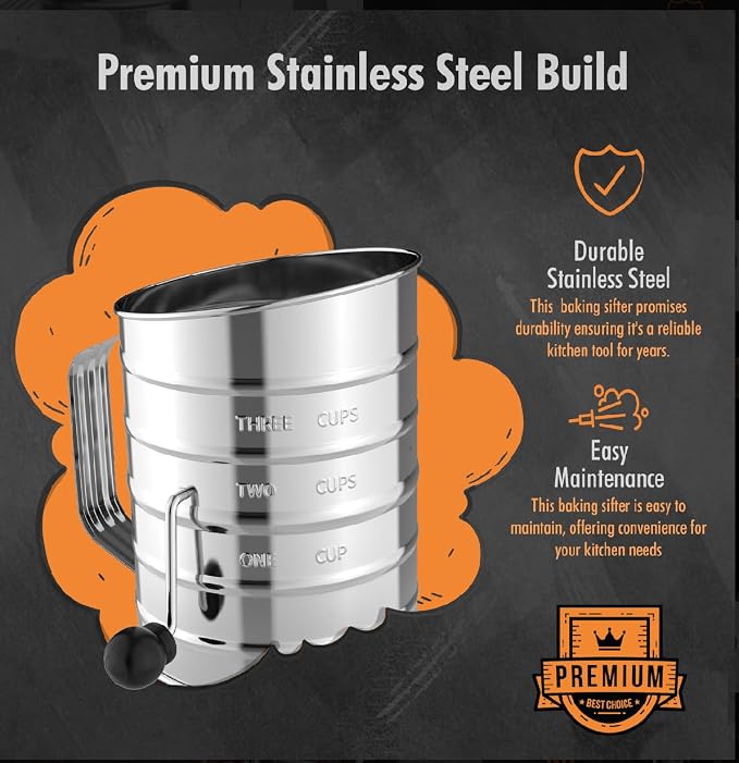 3 Cup Powdered Sugar Large Stainless Steel Rotary Hand Crank Flour Sifter With 4 Wire Agitator Baking Tools.