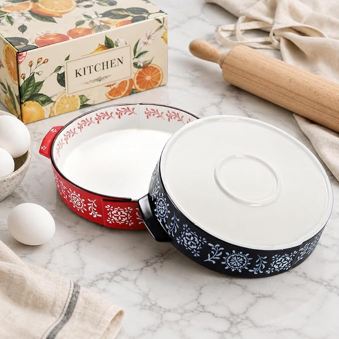 Covzoe 2 Pack Ceramic Baking Dish, 9 Inch Non-Stick Pie Pan with Double Handle, 44 Oz Deep Round Pie Plate Bakeware for Apple Pies, Quiche, Thanksgiving, Housewarming Gift
