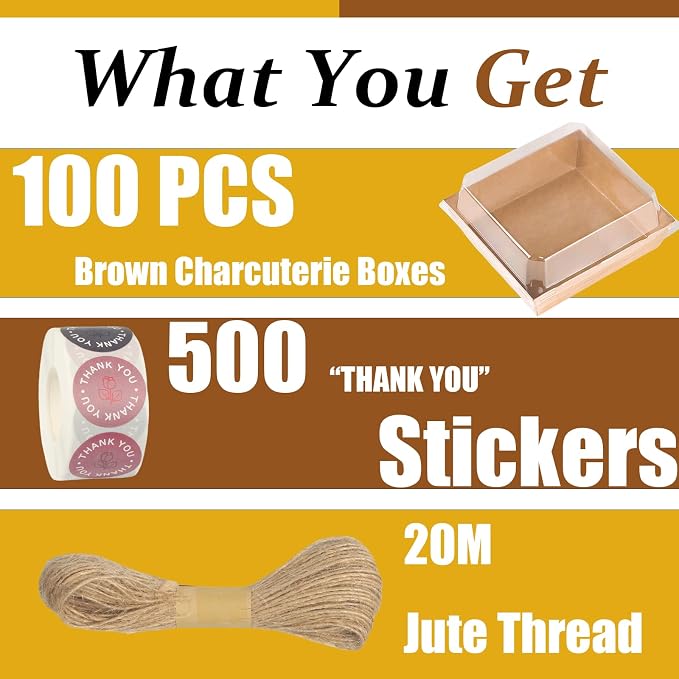 100 Pack Charcuterie Boxes with Clear Lids, 5 Inch Kraft To Go Paper Bakery Box with 500 Stickers, Jute Rope, Brown Disposable Dessert Container for Sandwich, Cookie, Cake Slice