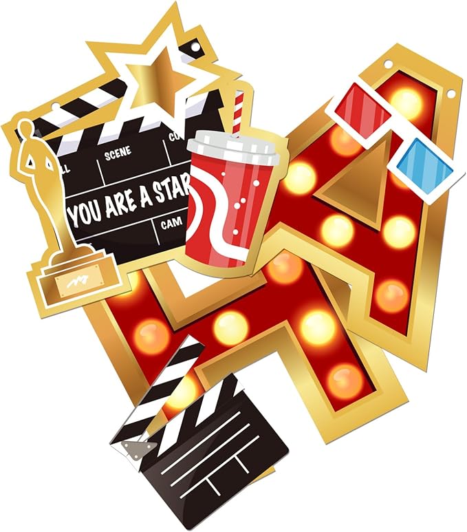 Zwiebeco Movie Night Happy Birthday Banner Film Themed Sign Hanging Paper Party Decoration for Hollywood Cinema Accessories Supplies Favors
