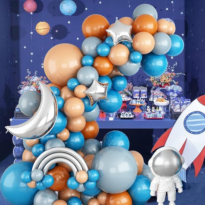 Blue and Orange Balloons Arch Kit, Space Balloon Arch Garland Kit With Metallic Silver Balloons, Teal Nude Latex Balloons for Kids Boy Space Party Birthday Orange and Blue Graduation Decorations