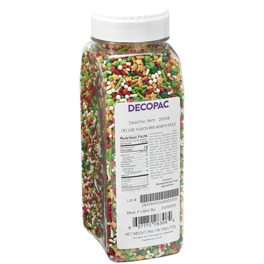 DECOPAC North Pole Fusion Mix Candy Sprinkles, 26oz, Fancy Christmas Gold Stars, Green Trees, Red Berries, Edible Festive Sprinkles For Celebration Cakes, Cupcakes, Cookies & Donuts (28308)