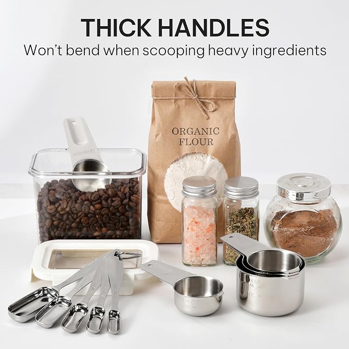 FANGSUN Stainless Steel Measuring Cups and Spoons Set of 10, Stainless Steel Measuring Spoons with Long Handles & Engraved Measurements, Fits in Spice Jars, for Baking & Cooking