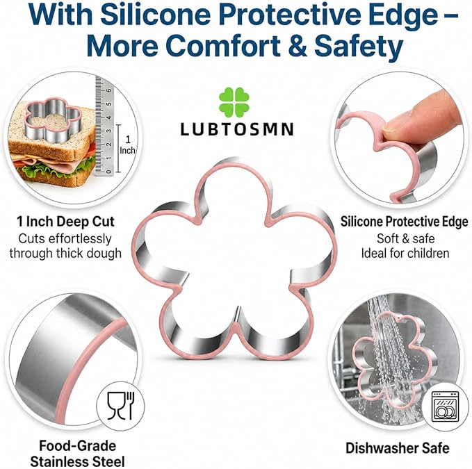 LUBTOSMN 6 Piece Flower Cookie Cutters Set, Silicone Rim Baking Set | Dishwasher-safe stainless steel cutters from 1" to 4" for cookies, fondant, sandwiches, party treats and family baking