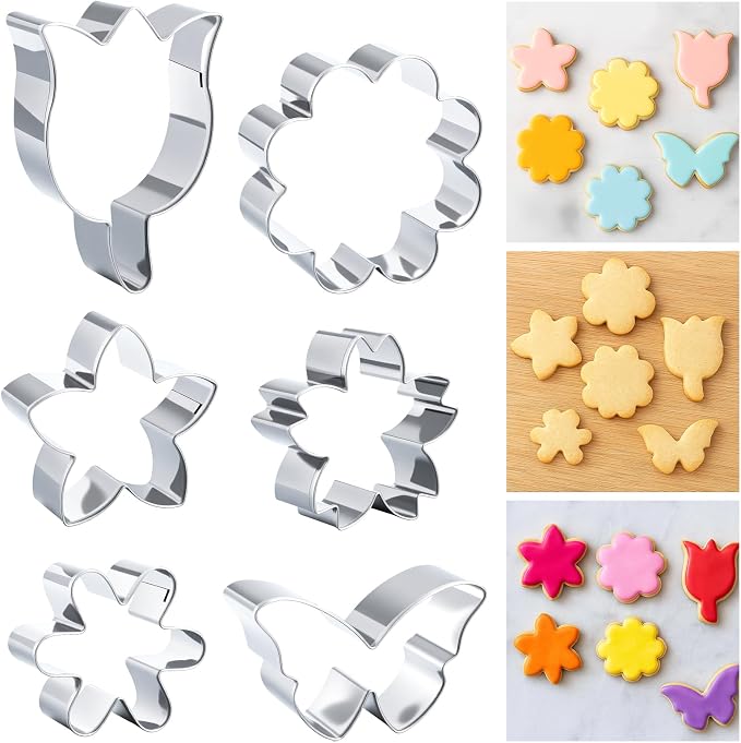 6PCS Flower Cookie Cutter Set, Summer Flowers Cookie Cutters-Daisy, Tulip, Butterfly, Biscuit Fondant Molds, Stainless Steel Cookie-Cutters, Christmas DIY Baking Tool