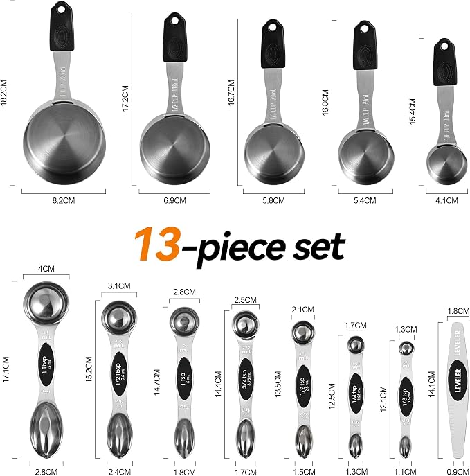 -BINGBING- Magnetic Measuring Cups and Spoons Set of 13, Stainless Steel | 5 Magnetic Cups and 8 Double-Sided Spoons with Leveler, Stackable, Kitchen Gadgets for Cooking and Baking