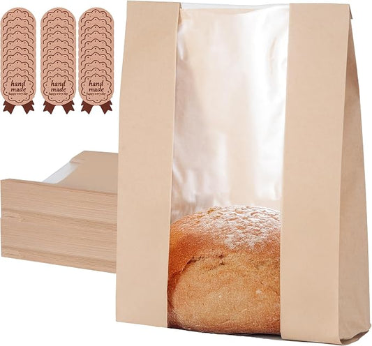 110 Pack Bread Bags for Homemade Bread 13.8" x 8.3" x 3.55",Sourdough Paper Bread Bags With Window,125 sealing stickers A Large Bakery Bags Used for Storage Bread Cookies & Snacks