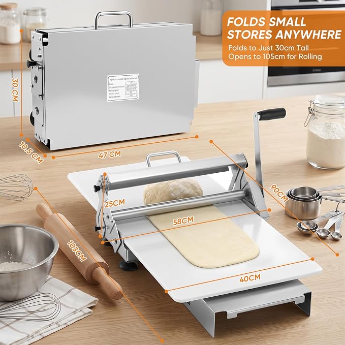 Folding Dough Sheeter,0.5-25mm Adjustable Thickness Manual Dough Roller Machine with 35.4"x15.7" Food-Grade Panel,Stainless Steel Puff Pastry Roller for Croissant Pizza Fondant, Home & Commercial Use