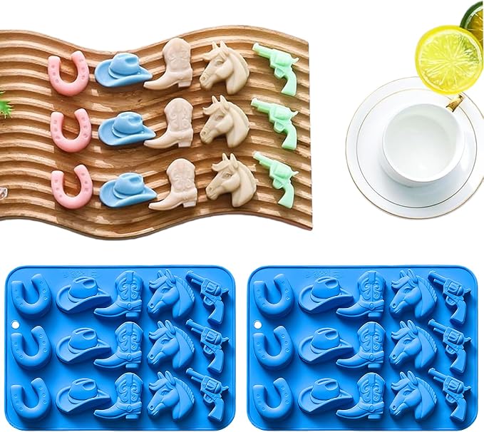 2PCS Cowboy Chocolate Molds Silicone, Western Theme Mold Set for Candy Making, Cake Decorations, Candle & Resin Crafts – Includes Cowboy Hat, Boot, Horse, Saddle (Heat-Resistant, Dishwasher Safe)