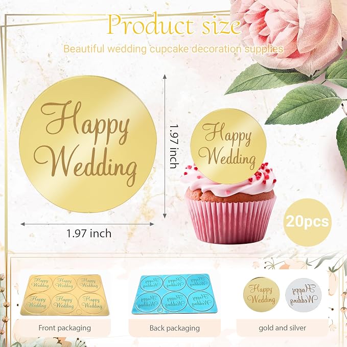 20Pcs Gold Acrylic Wedding Cupcake Toppers Mirror Happy Wedding Cake Toppers for Engagement Party Cake Decorations Round Tags Reusable Acrylic Decorations Flower Decor for Cakes Gift Boxes DIY Crafts