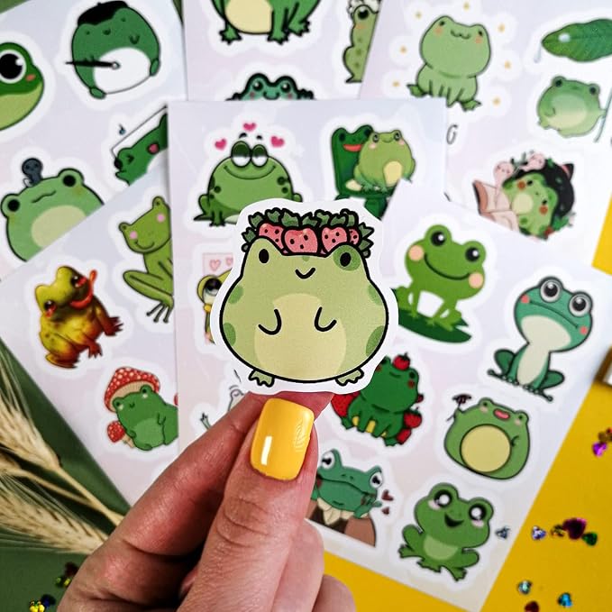 BulbaCraft Kawaii Frogs Stickers Set, 50 Pcs Green & White Vinyl Decals for Kids, Waterproof, Scratch Resistant, Indoor Usage, Single Use, Water Bottle, Laptop, Scrapbook, Journal, Frog Theme