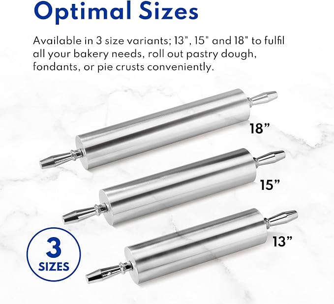 New Star Foodservice 15 Inch Aluminum Rolling Pin, Extra Heavy Duty Commercial Dough Roller with Rotating Barrel and Handles, Silver