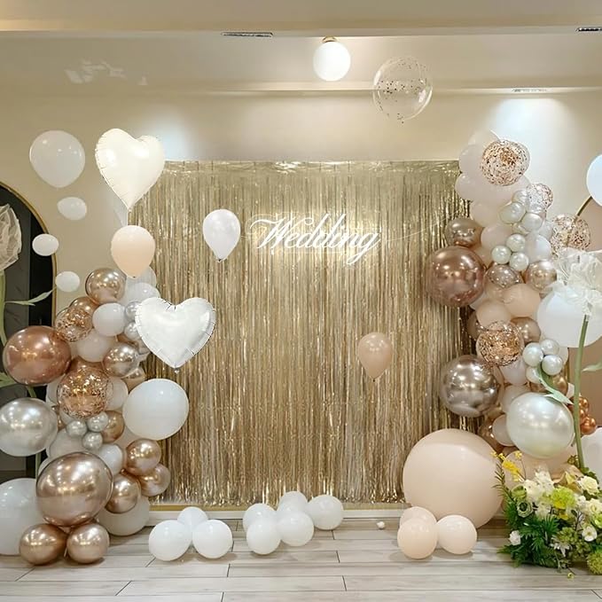 White and Champagne Gold Balloons Garland Arch Kit with Rose Gold Fringe Curtain for Woman Girl Princess Engagement Bridal Shower Wedding Baby Shower Boho Birthday Party Decorations