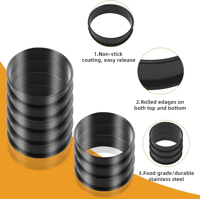 RICHSC-PAN Crumpet Rings, 4Inches Outside Diameter 3.6 Inches Inside Non-Stick English Muffin Rings 8 Packs, Stainless Steel Double Roll Upgrade Design, Suitable For All Kinds of Breakfast.