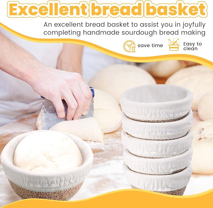 Honeydak 6 Pcs Cotton Rope Banneton Bread Proofing Basket Sets Round Sourdough Bowls with Two Liners for Artisan Sourdough Bread Making Handmade Kitchen Professionals (5",White, Brown)