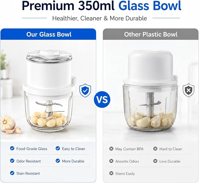 Electric Garlic Chopper,350ML Mini Food Processor,Thick Glass Bowl Mini Chopper,Portable Vegetable Chopper with Upgraded 6 Stainless Steel Blades,Onion Mincer Grinder for Garlic,Chili,Ginger,Nuts
