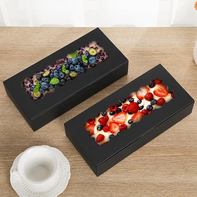 50 pcs Black Cookie Box,12x5.5x2.5 Inch Bakery Boxes with Window Pies Chocolate Strawberries Muffins Biscuit Pastry Dessert Box For Packaging