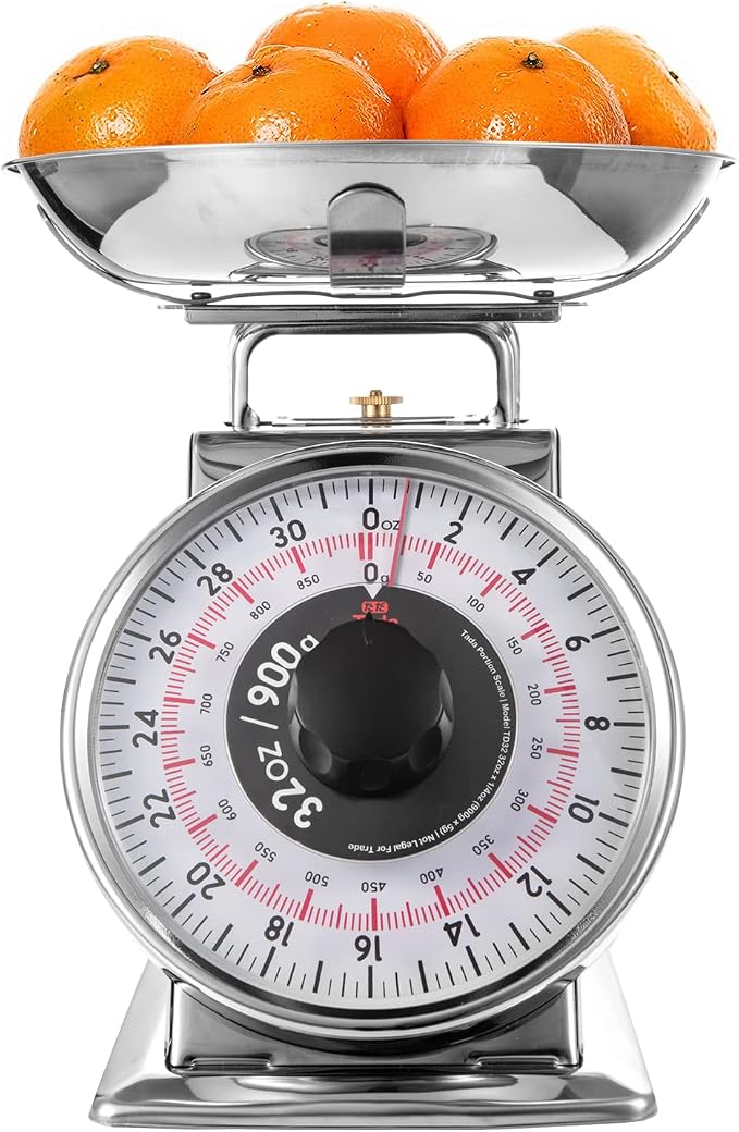 Tada 2 Pound Precise Portions Analog Food Scale 32 Ounces Stainless Steel Mechanical Kitchen Scale Removable Bowl, Tare Function, Retro Style, Kitchen Friendly
