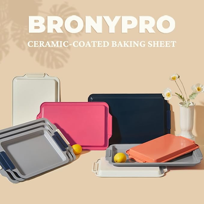 BRONYPRO Non Stick Ceramic Baking Sheet Pan Set of 3, Non Toxic Cookie Sheets (PFAS/PFOA/PTFE Free), Aluminized Steel Oven Trays with Silicone Handles, Rust-Resistant, Warp-Resistant to 500°F, Navy