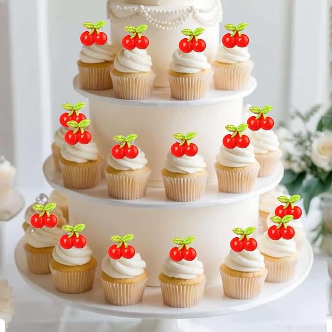 30 PCS Cherry Cupcake Toppers Red Sweet Cherry Cupcake Picks Fruit Theme Cupcake Decorations for Cherry Theme Baby Shower Kids Birthday Party Cake Decorations Supplies