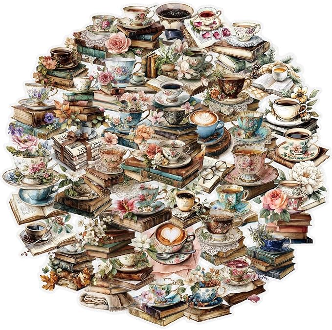 Vintage Coffee Books Flowers Aesthetic Transparent Stickers for Cup, 50PCS Retro Cafe Book Flora Art Waterproof Stickers for Water Bottle,Laptop,Journal,Scrapbook, Coffee Bar Decals