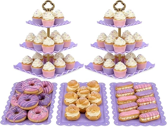 NWK 5 Piece Cake Stand Set with 2 x Large 3-Tier Cupcake Stands, 3 x Appetizer Trays, Perfect for Hosting Wedding Birthday Baby Bridal Shower Tea Party Decorations (Purple)