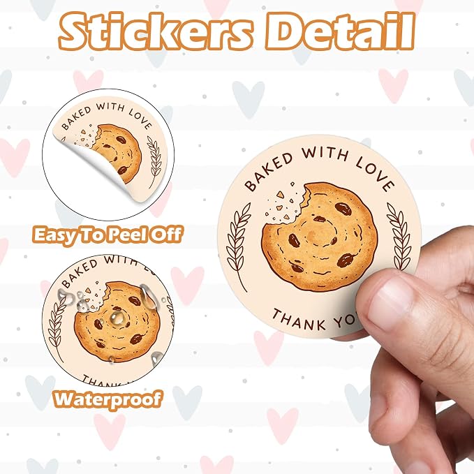 Louise Maelys 120 Pcs Baked with Love Stickers- 1.5 Inch Round Thank You Sticker with Cookie Pattern Labels for Bakery Packaging, Homemade Treats, Gift, Small Business Packaging or Party Favors