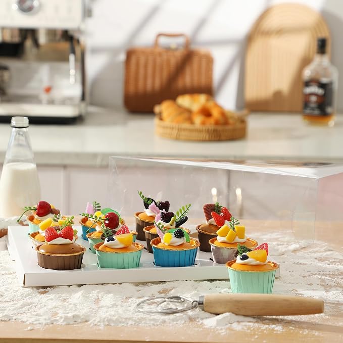 12 Count Clear Cupcake Boxes 10 Packs Cup Cake Holder Containers with Gift Ribbon plastic Cupcake Carrier for Treat Dessert Cookies Muffins Packaging for Party Baking Wedding