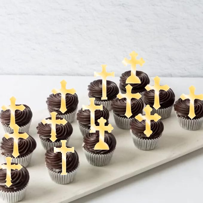 60 PCS Edible Cross Cupcake Toppers God Bless and Baptism Cupcake Toppers Edible Cross Cupcake Pick First Communion Cake Decorations for Religious Theme Baby Shower Birthday Party Supplies Retro Gold