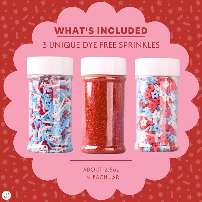 Sweets Indeed Dye Free 4th of July Sprinkles 3-Pack Set – Patriotic Sanding Sugar, Jimmies Mix and Star Sprinkles with No Artificial Dyes for Baking & Decorating Cupcakes, Cookies, Cakes & Desserts – 7.48 ounces