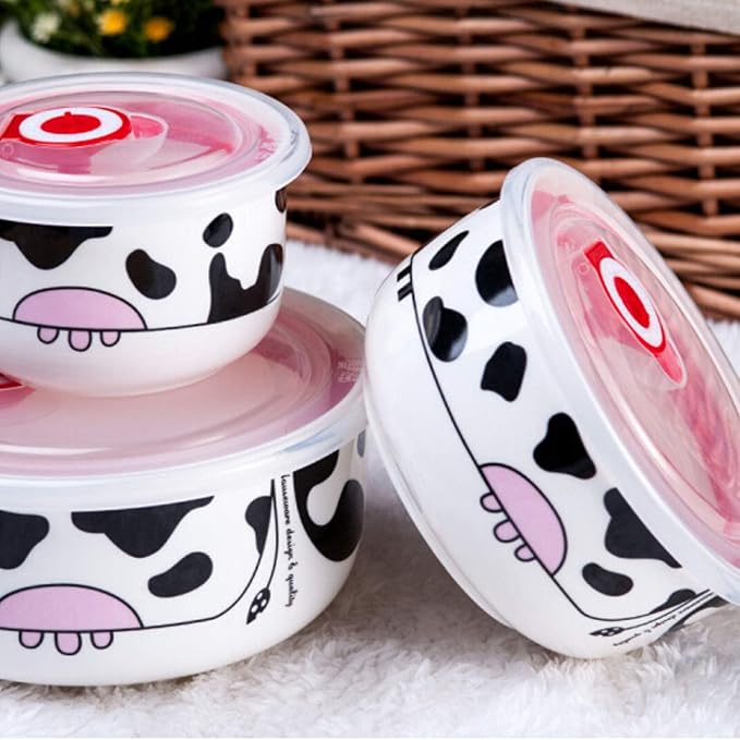 Cow Print Ceramic Food Storage Bowls with Lids, Set of 3 Nesting Porcelain Bowls, Airtight Meal Prep Containers for Kitchen, Salad, Soup and Snacks, Microwave & Dishwasher Safe