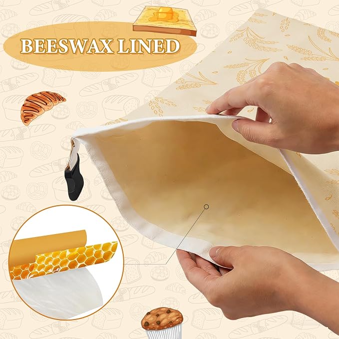 2 Pack Beeswax Bread Bags for Sourdough & Homemade Bread, 17x13 Inch Reusable Linen Beeswax Bread Bag with Buckle to Keeps Bread Freshness for Food Storage(Wheat)