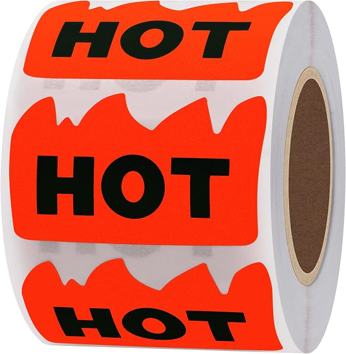 Hybsk 500pcs Rave Hot Stickers 2 x 1-1/5 Inch Fluorescent Red Hot Flame Fire Shape Marking Labels for Festival Spicy Sauce (Fluorescent Red)