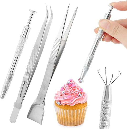 4 PCS Sprinkles Tools for Cake Decorating,Sprinkle Pen Pearl Grabber with 4 Claws,Cake Tweezers Pearl Sprinkle Spoon with Shovel Head,for Cookie Cupcake Decorating Supplies