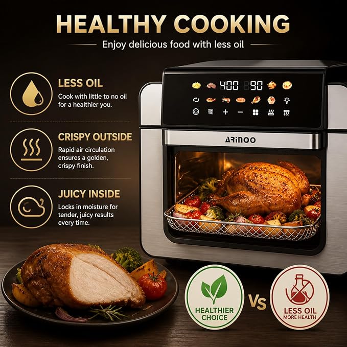 16 Qt Air Fryer Toaster Oven Combo with PFAS-Free Ceramic Coating | Viewing Window, 9 Presets, Top 1700W Bottom 1500W, Max 400°F, Nonstick Tray, Detachable Door, Black, Easy to Clean