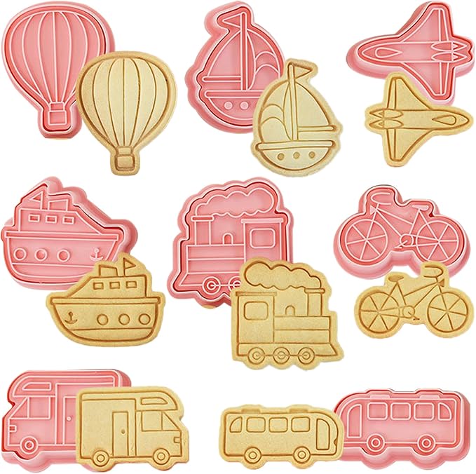 8 Pcs Transportation Vehicle Cookie Cutters Set 3D Truck Airplane Shaped Cartoon Biscuit Cutters With Plunger Stamps for DIY Baking Crackers Fondant Decorations Cake Decorations Desserts