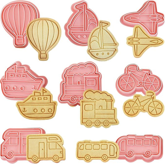 8 Pcs Transportation Vehicle Cookie Cutters Set 3D Truck Airplane Shaped Cartoon Biscuit Cutters With Plunger Stamps for DIY Baking Crackers Fondant Decorations Cake Decorations Desserts