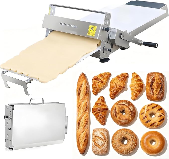 Manual Folding Dough Sheeter Machine, Stainless Steel Dough Press with Adjustable Thickness 0-27mm, Includes Sheeter Board, for Puff Pastry, Pizza Dough, Croissant, Home & Commercial