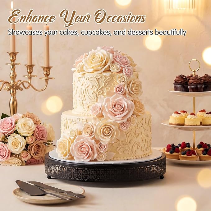 Wenqik Black Cake Stand 16 Inch Metal Round Cupcake Dessert Wedding Cake Stand with Cutting & Spatula Cookies Display Holder Fruit Serving Tray for Table Wedding Birthday Anniversary Party